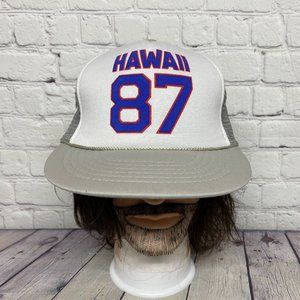 Vintage 80s Trucker Hat Mesh Rope Cap Snapback White Gray Hawaii 87 Hawaiian